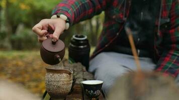 a man pours dark pu-erh from a clay teapot video