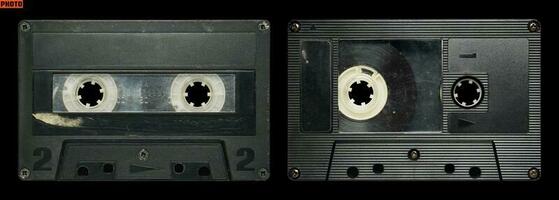 Old cassette tape collection with blank label mockup templates photo