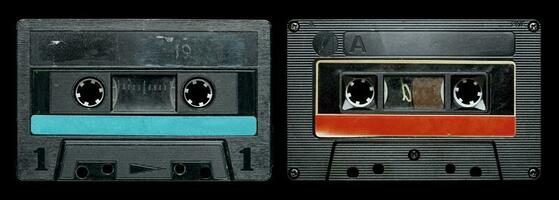 Old cassette tape collection with blank label mockup templates photo