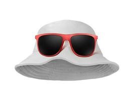 red sunglasses on white bucket hat isolated on white background photo