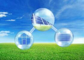 Solar panels on blue sky, solar power plant, blue solar panels, renewable energy source, solar farm in molecular view photo