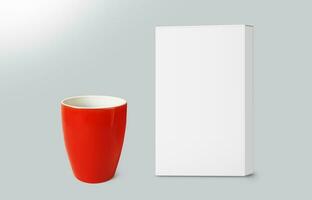 Cardboard box and empty red coffee mug isolated on gray background 3D rendering photo