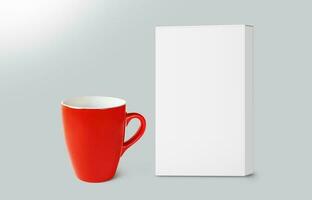 Cardboard box and empty red coffee mug isolated on gray background 3D rendering photo