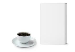 Empty cardboard box and coffee mugs isolated on white background  3D rendering photo