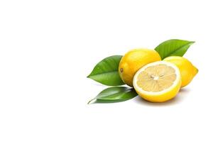 Whole and slice lemon with leaves isolated on white background with copy space. AI Generated photo