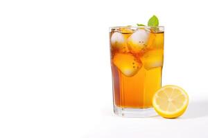 a glass of iced lemon tea with a slice of lemon isolated on white background with copy space. photo