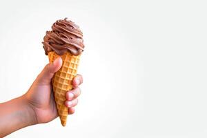 Hand holding delicious chocolate ice cream in a crispy waffle cone with copy space. photo