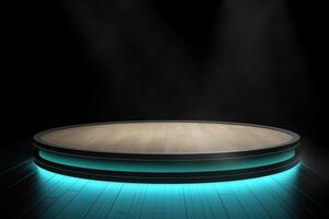 a wooden circular platform podium with a cyan neon light on dark background. photo