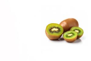 Fresh whole and sliced kiwi isolated on white background with copy space. AI Generated photo