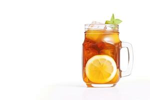 a glass of iced lemon tea with a slice of lemon isolated on white background with copy space. photo