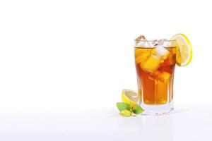 a glass of iced lemon tea with a slice of lemon isolated on white background with copy space. photo