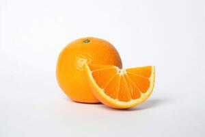 Fresh whole and sliced oranges isolated on white background. photo