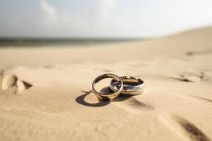 Two wedding rings in the sand on the background of a beach and sea. photo