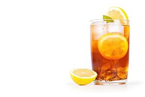 a glass of iced lemon tea with a slice of lemon isolated on white background with copy space. photo