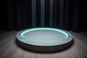 un de madera circular plataforma podio con un cian neón ligero en oscuro antecedentes. ai generado foto