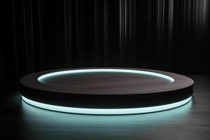 un de madera circular plataforma podio con un cian neón ligero en oscuro antecedentes. ai generado foto
