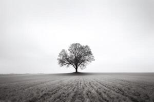 un solitario árbol soportes solo en un brumoso campo. ai generado foto