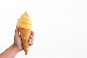 Hand holding delicious mango ice cream in a crispy waffle cone with copy space. AI Generated photo