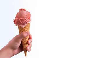 Hand holding delicious red velvet ice cream in a crispy waffle cone with copy space. photo