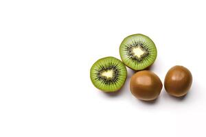 Top view fresh whole and sliced kiwi isolated on white background with copy space. photo