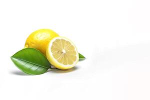 Whole and slice lemon with leaves isolated on white background with copy space. photo