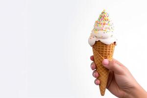 Hand holding delicious sprinkles ice cream in a crispy waffle cone with copy space. photo