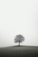 a lone tree stands alone in a foggy field with copy space for text. photo