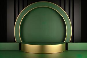 Luxury green and golden stage podium for cosmetic product display presentation minimal scene. photo