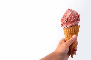 Hand holding delicious red velvet ice cream in a crispy waffle cone with copy space. photo