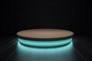 a wooden circular platform podium with a cyan neon light on dark background. photo