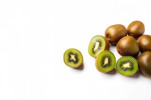 Top view fresh whole and sliced kiwi isolated on white background with copy space. photo