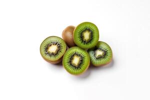 Top view fresh whole and sliced kiwi isolated on white background. photo