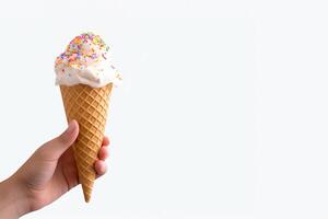 Hand holding delicious sprinkles ice cream in a crispy waffle cone with copy space. photo