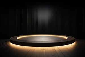 a wooden circular platform podium with a yellow neon light on dark background. AI Generated photo