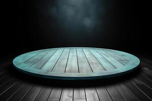 a wooden circular platform podium with a cyan neon light on dark background. photo