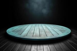 a wooden circular platform podium with a cyan neon light on dark background. photo