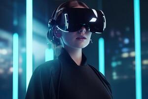 a woman wearing a virtual reality headset. photo