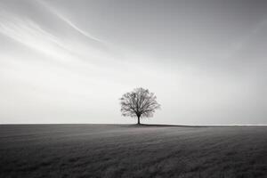 a lone tree stands alone in a foggy field. photo