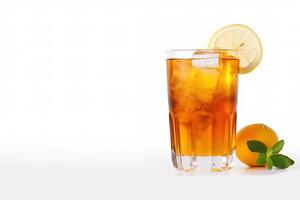 a glass of iced lemon tea with a slice of lemon isolated on white background with copy space. photo