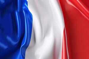 azul, blanco y rojo fondo, ondulación el nacional bandera de Francia, saludó un muy detallado de cerca. ai generado foto