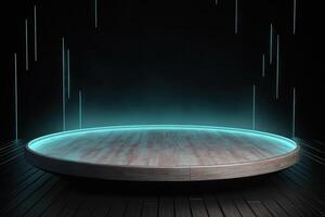 a wooden circular platform podium with a cyan neon light on dark background. photo