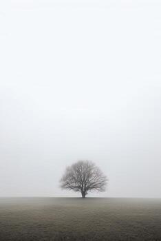 un solitario árbol soportes solo en un brumoso campo con Copiar espacio para texto. ai generado foto