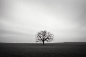 un solitario árbol soportes solo en un brumoso campo. ai generado foto