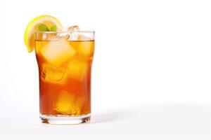 a glass of iced lemon tea with a slice of lemon isolated on white background with copy space. photo