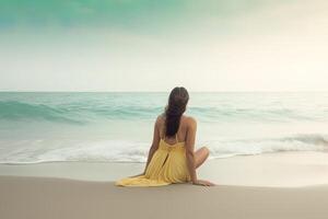 espalda ver de un mujer sentado en un playa. ai generado foto