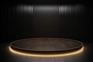 a wooden circular platform podium with a yellow neon light on dark background. photo