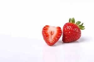 Fresh whole and sliced strawberries isolated on white background with copy space. photo