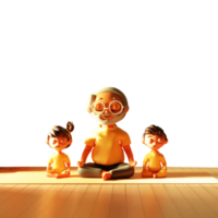 3D Render of Grandfather And Grandkids Meditating At Mat In Sitting Pose. png