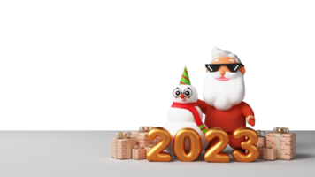 3d dorado globo 2023 número con regalo cajas, dibujos animados Papa Noel claus y monigote de nieve para contento nuevo año concepto. png