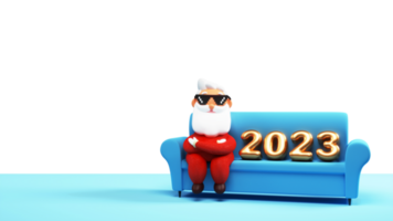 3d dorado globo 2023 número con Papa Noel claus sentado en sofá para contento nuevo año concepto. png